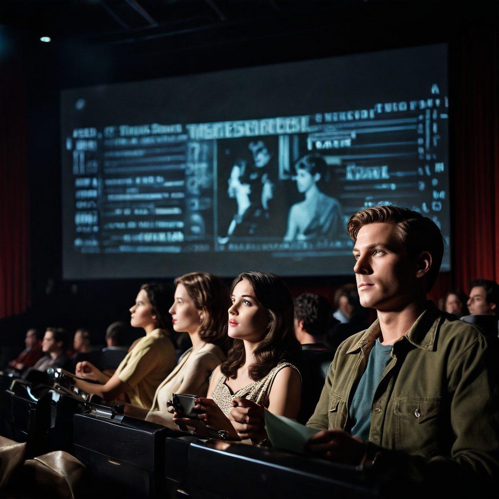 A darkened movie theater filled with a diverse audience, their faces illuminated by the glow of a projected film reel. In the foreground, a vintage film projector casts light onto a classic film poster adorned with secret screening elements like a ticket stub and mysterious notes. Enveloping the scene, ethereal wisps of cinema film intertwine with vibrant, colorful memories portraying iconic movie moments. The atmosphere is rich with nostalgia and intrigue, inviting viewers to immerse themselves in unique cinematic experiences. super-realistic. vibrant colors. moody lighting.