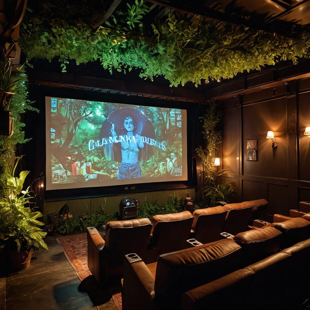 An enchanting underground cinema with vintage decor, cozy seating, and soft lighting, revealing hidden treasures like classic film posters and glowing vintage projectors. Cozy audience engrossed in a movie, surrounded by lush greenery creeping in. Mystical atmosphere with shadows dancing, inviting the viewer into a world of hidden cinematic magic. super-realistic. vibrant colors. atmospheric lighting.