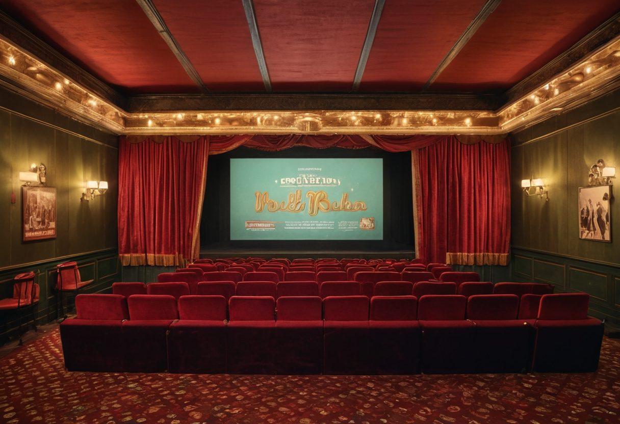 A dimly lit vintage cinema showcasing a diverse selection of indie film posters on its walls, an inviting old-fashioned marquee glowing softly with the title 'Hidden Treasures', an audience of eclectic characters, each embodying a different film genre, sitting in antique velvet seats. The atmosphere should evoke nostalgia and curiosity, with film reel decorations and scattered popcorn on the floor. super-realistic. warm tones. vintage style.